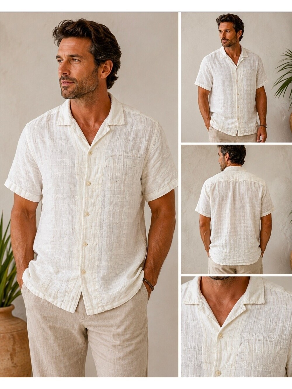 Porter & Ash Men’s XL 100% Linen Button Up Shirt Ivory Cream Short Sleeve